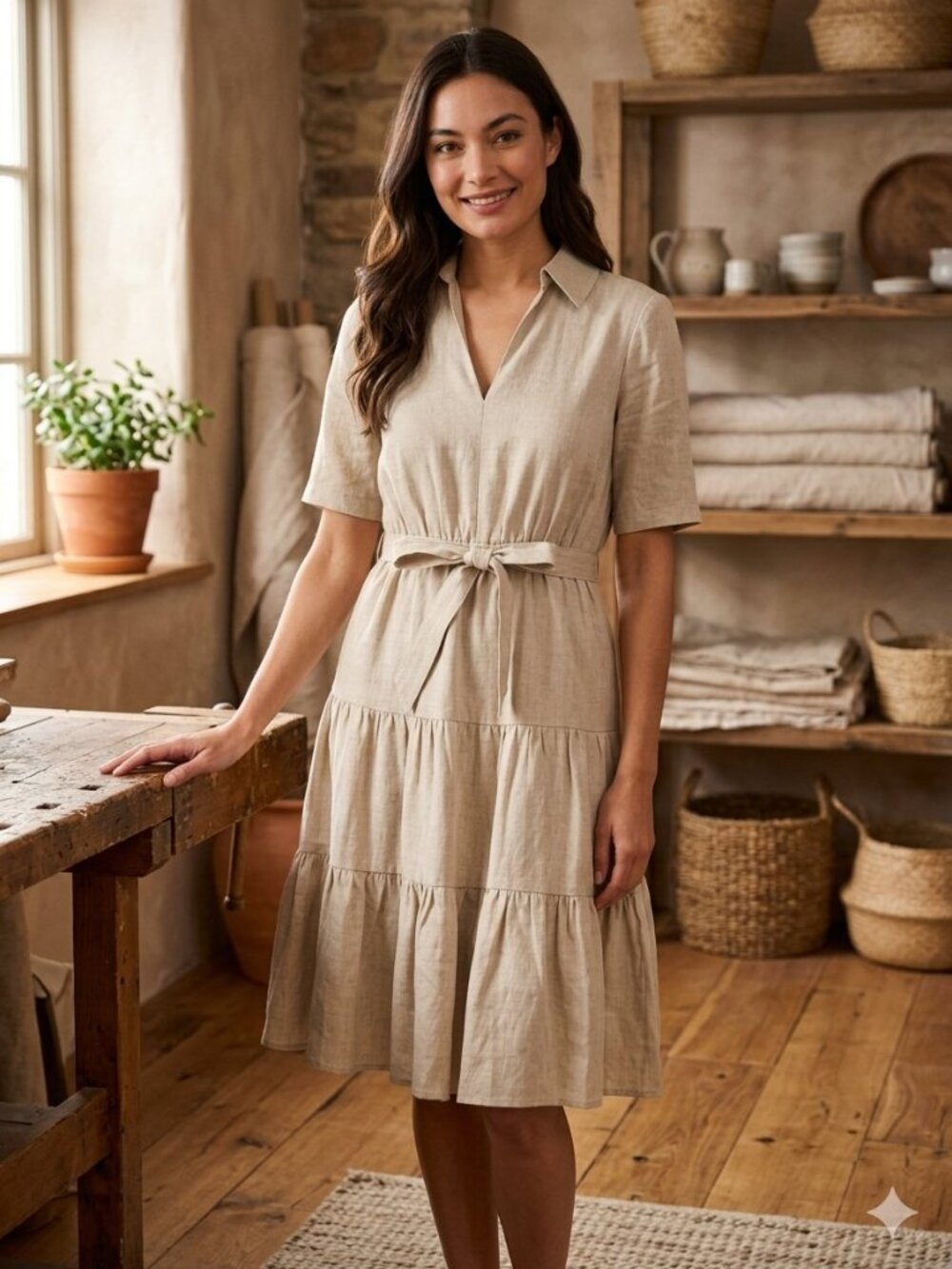 Donna Morgan NWT Beige Tiered Linen Blend Short Sleeves Pockets Midi Dress 3648